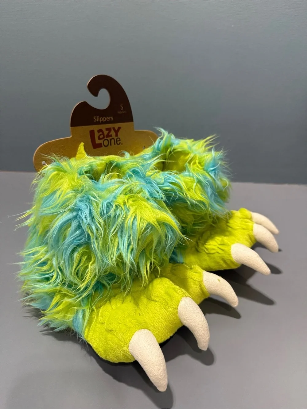Lazy One Kids Monster Claw Slippers in Lime Green & Aqua Fur